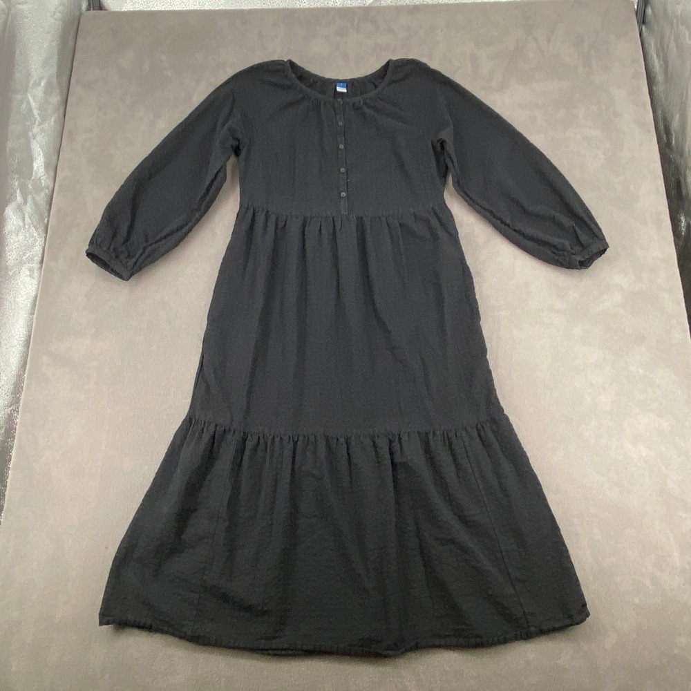 Old Navy Womens Black Seersucker Tiered Midi Dress Long Sleeve‎ Henley Small